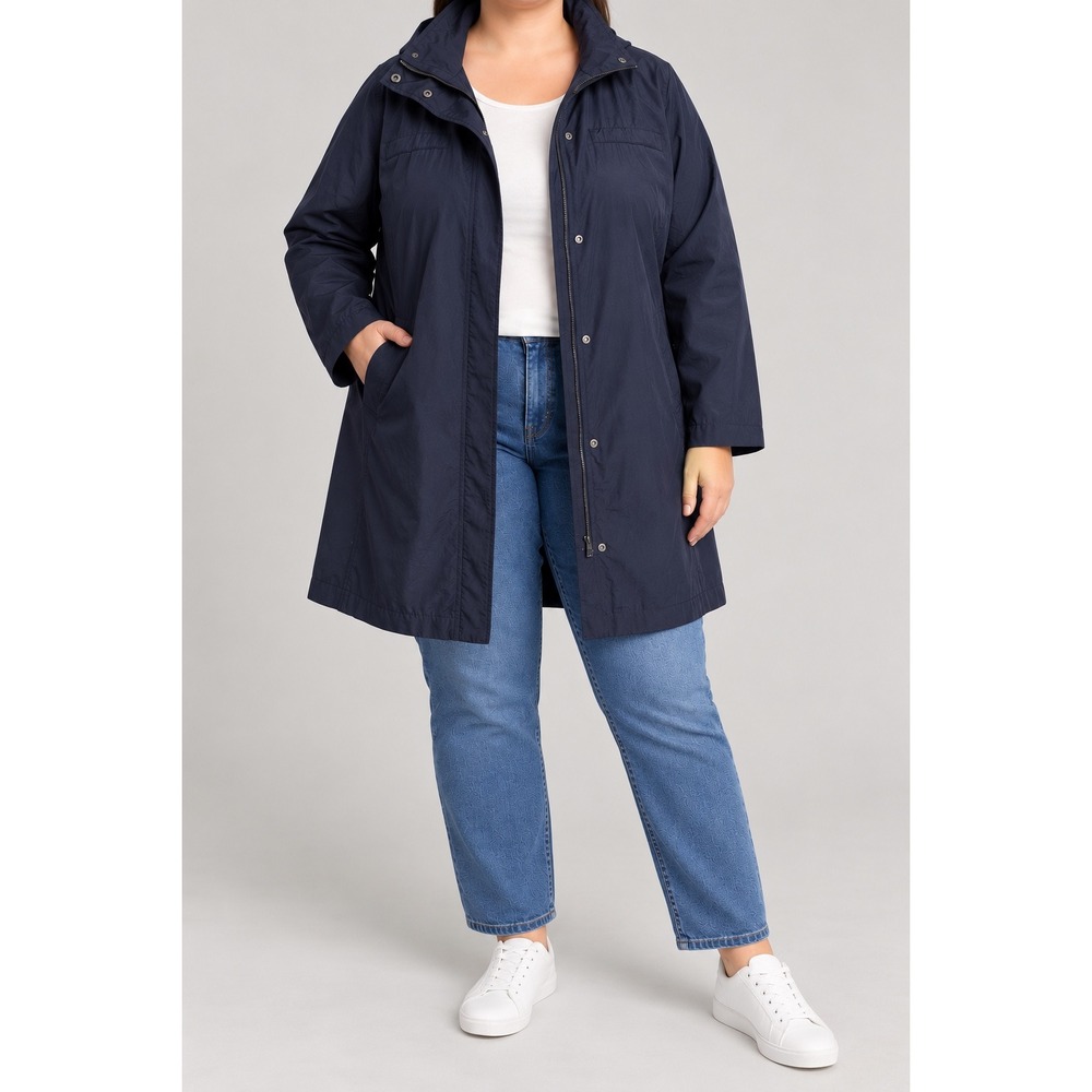 Eileen Fisher 3X Blue Organic Cotton Nylon Hidden Hood Long Jacket Windbreaker